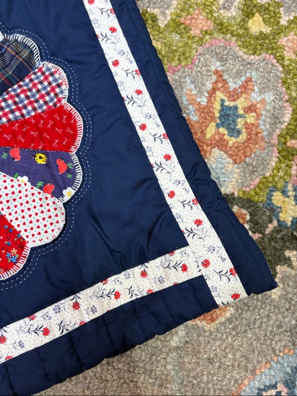 Handcrafted Quilted Navy Patchwork Flower Tote Bag - Picture 7 of 10